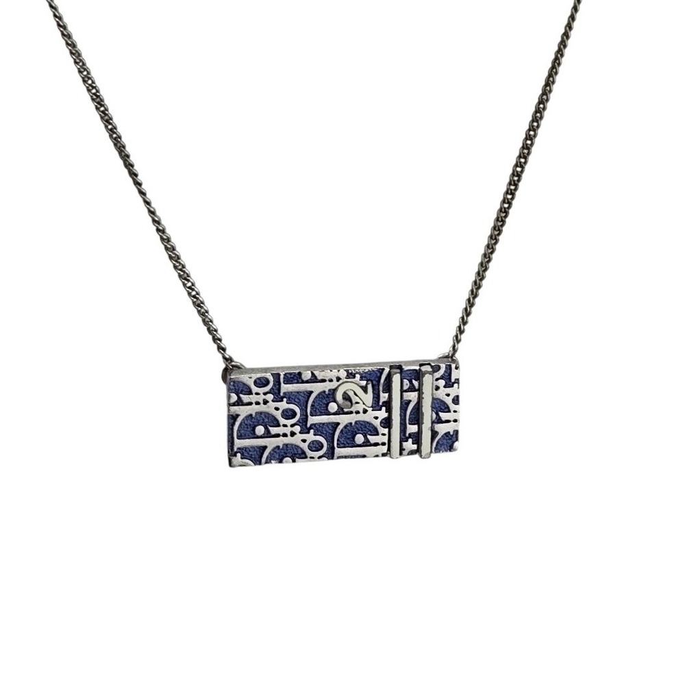 Christian Dior Trotter Romantique Necklace Blue Monogram Oblique Bar Silver Tone